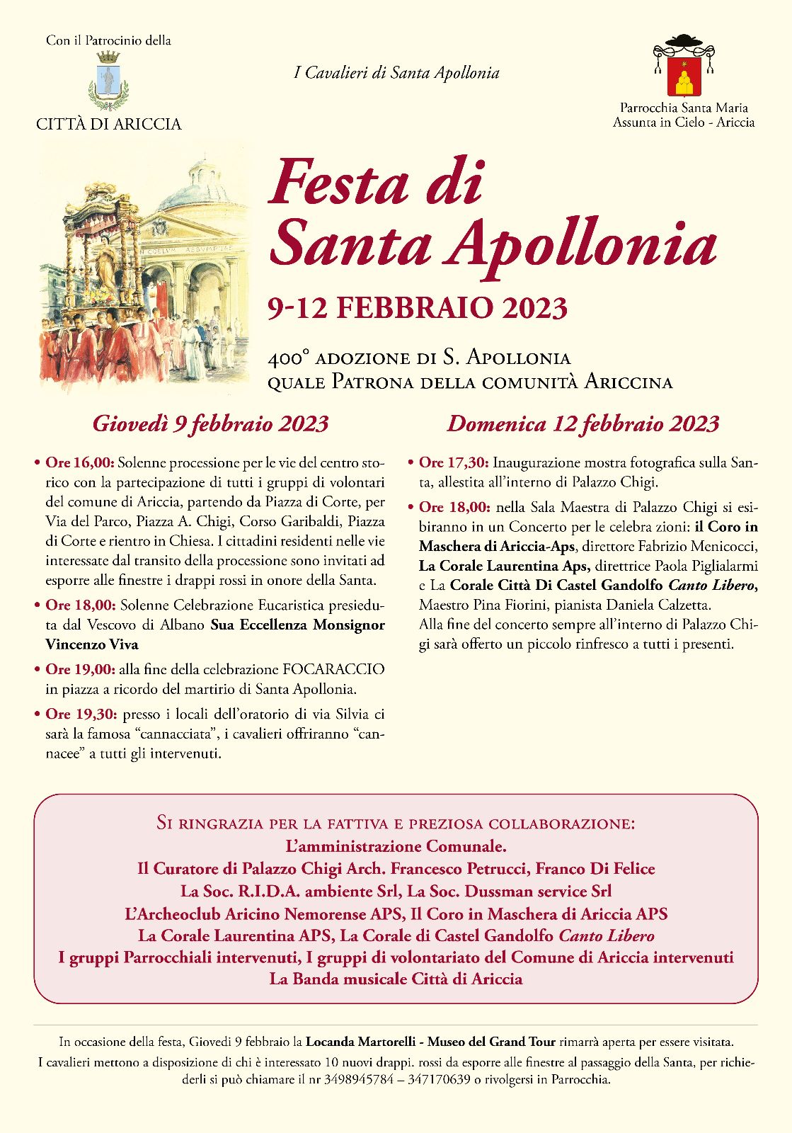 Ariccia, Il 9 e 12 febbraio la festa dedicata alla patrona S. Apollonia martire