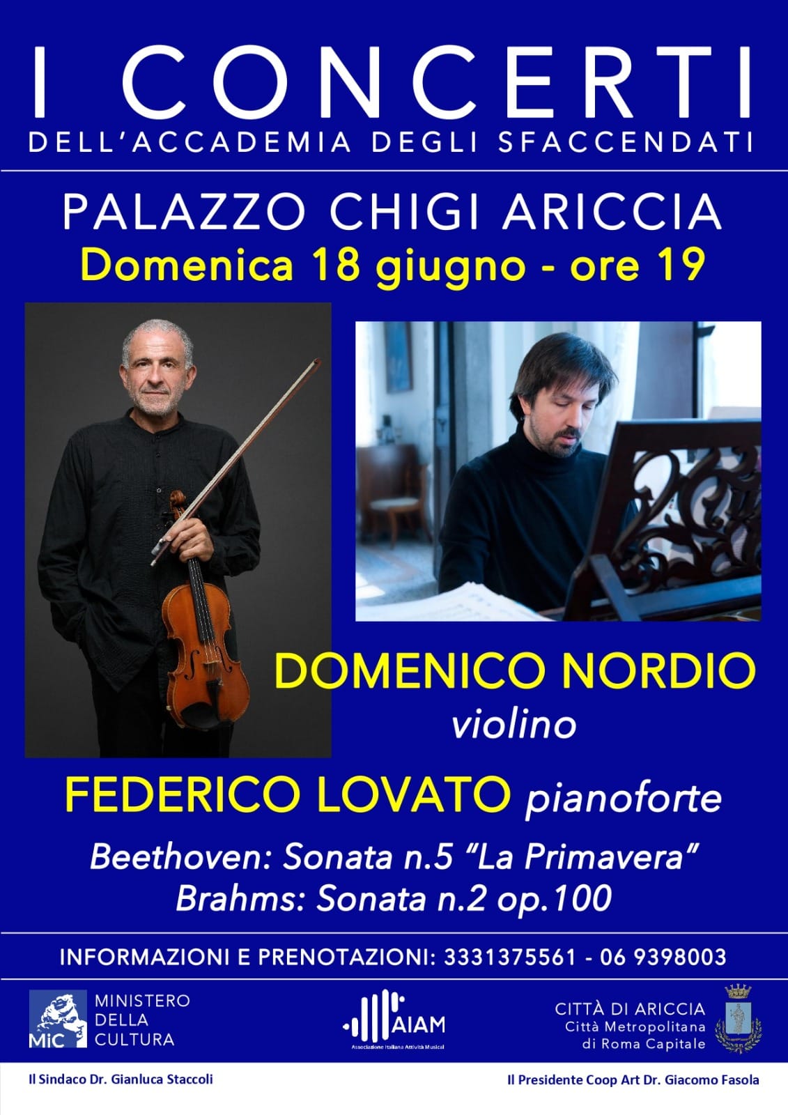 Il violinista Nordio e il pianista Lovato al Palazzo Chigi di Ariccia