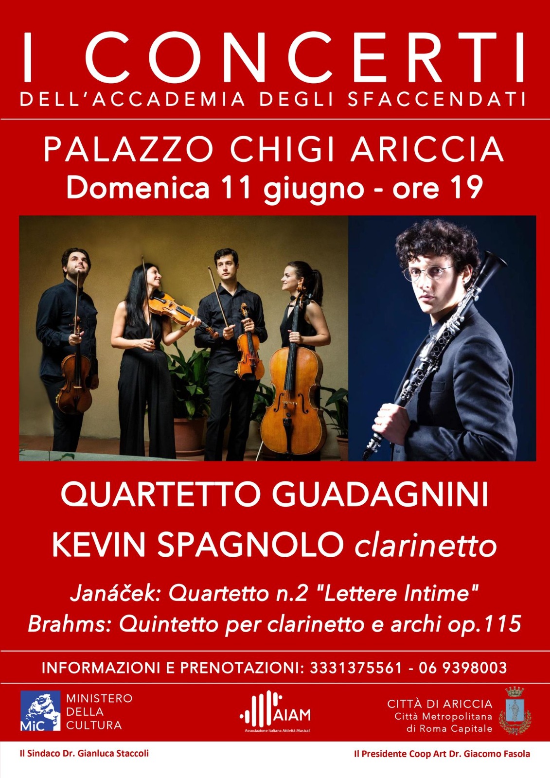 Il clarinettista Kevin Spagnolo e il Quartetto Guadagnini per il Quintetto op.115 di Brahms al Palazzo Chigi di Ariccia